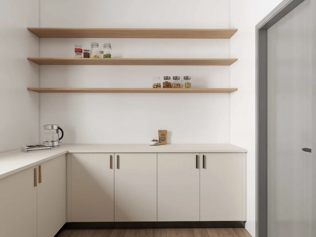 Scandinavian white kitchen cabinet with light oak shelves and natural daylight-filled design.