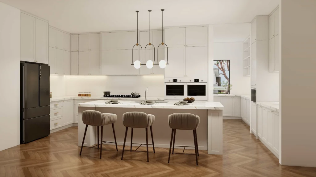 Classic white shaker kitchen cabinet with black hardware and marble backsplash.
