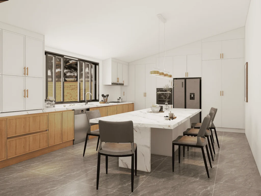 White and wood kitchen cabinet featuring walnut base and white upper cabinetry.