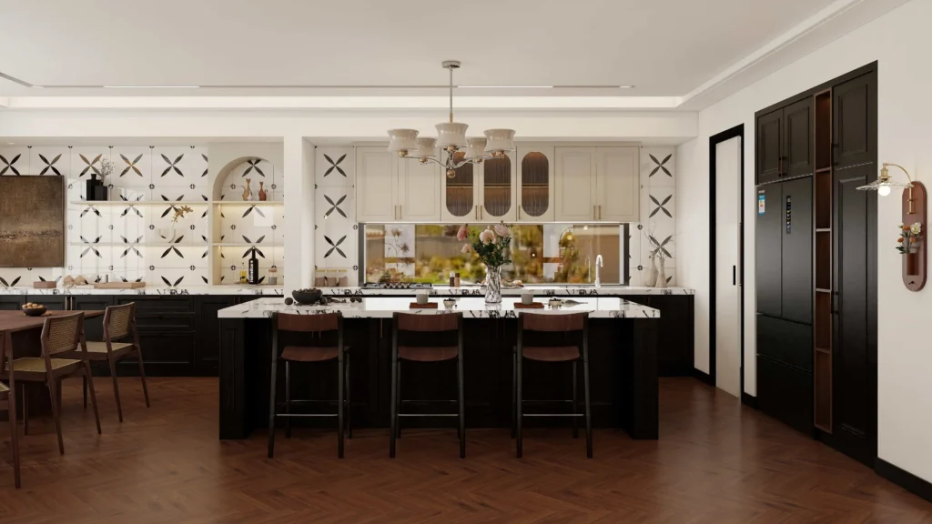 Off white kitchen cabinet with farmhouse sink and vintage black knobs in a cozy cottage kitchen.