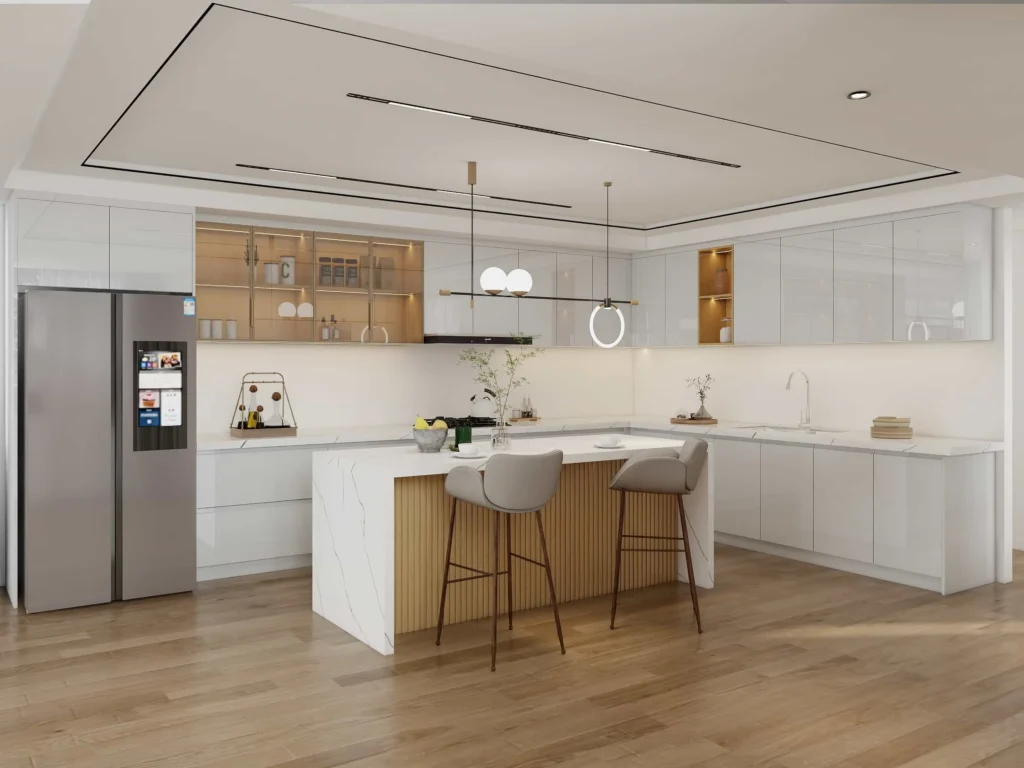 Glossy white kitchen cabinet reflecting light to make a small modern kitchen look spacious.