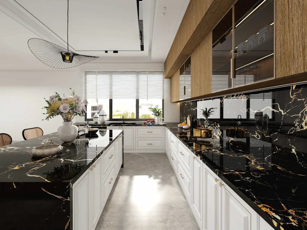 White kitchen cabinet with marble countertop featuring subtle gray veins and soft lighting.