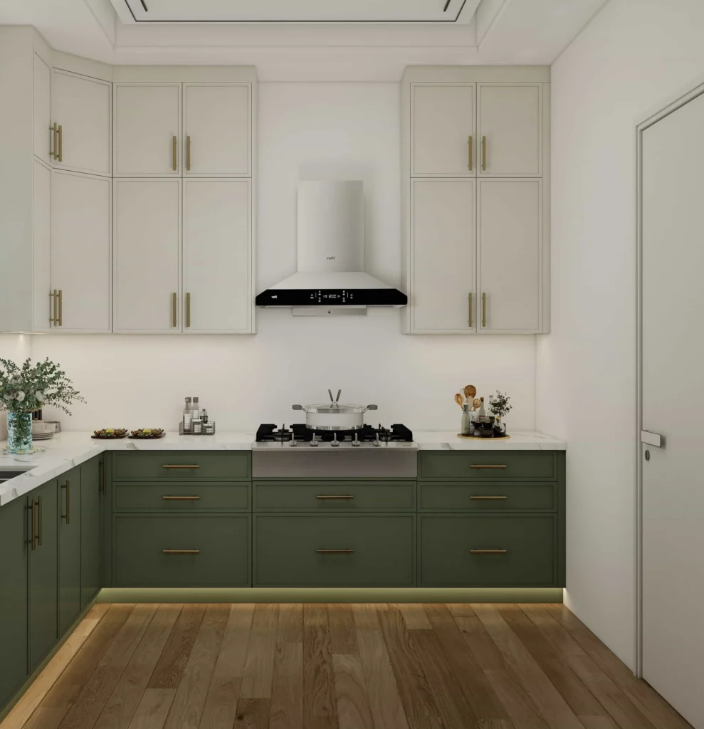 White kitchen cabinet paired with colorful island and mint accents for playful contrast.