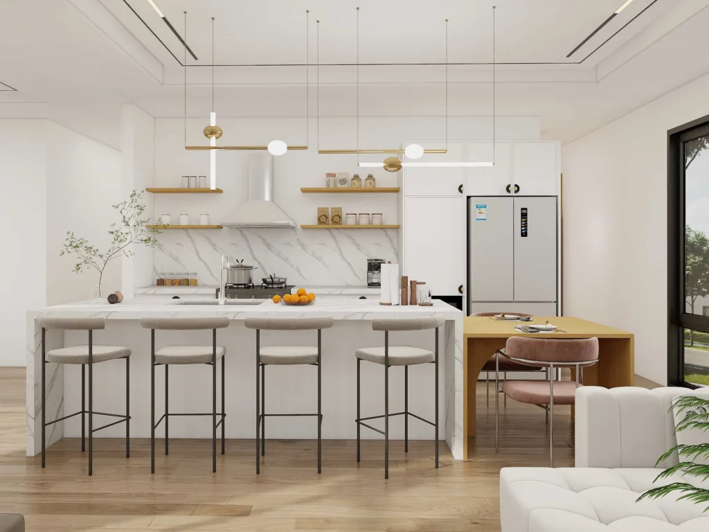 White kitchen cabinet with open wooden shelving displaying dishes and potted plants.