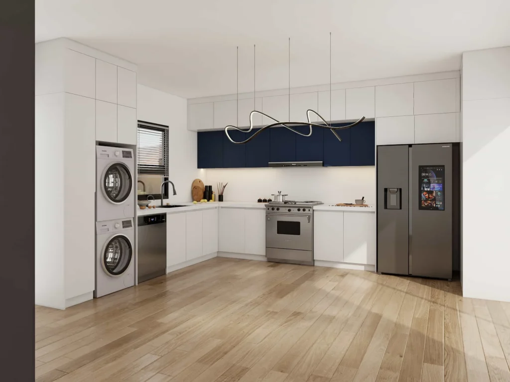 Modern white kitchen cabinet with touch sensors and integrated smart lighting system.
