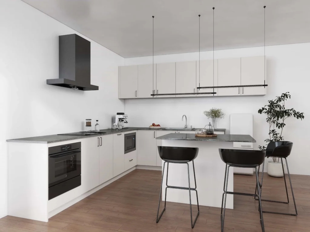 All white kitchen cabinet with glossy and matte finishes for a serene monochrome space.