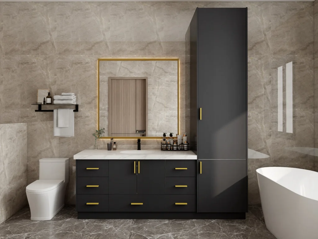 Black Floor Standing Bathroom Vanities Large Vanity Unit with Gold Handles White Marble Countertop Double Sink Storage Cabinet Modern Luxury Bathroom Design