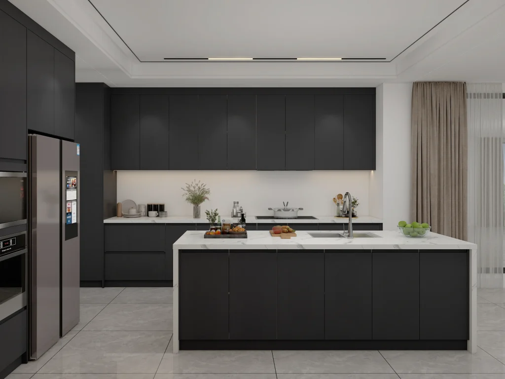 Black Matte Lacquer Kitchen Cabients with white countertop