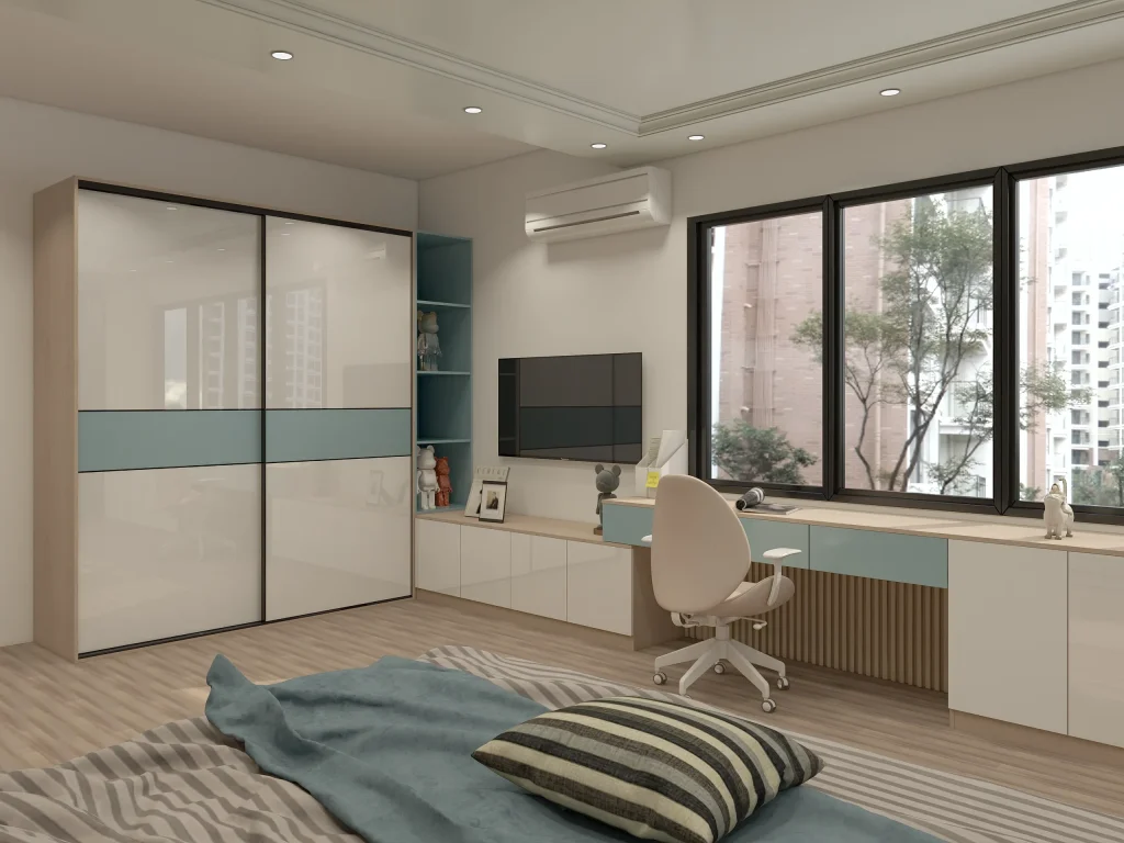 Bright simple kids room blue white glossy sliding door wardrobe