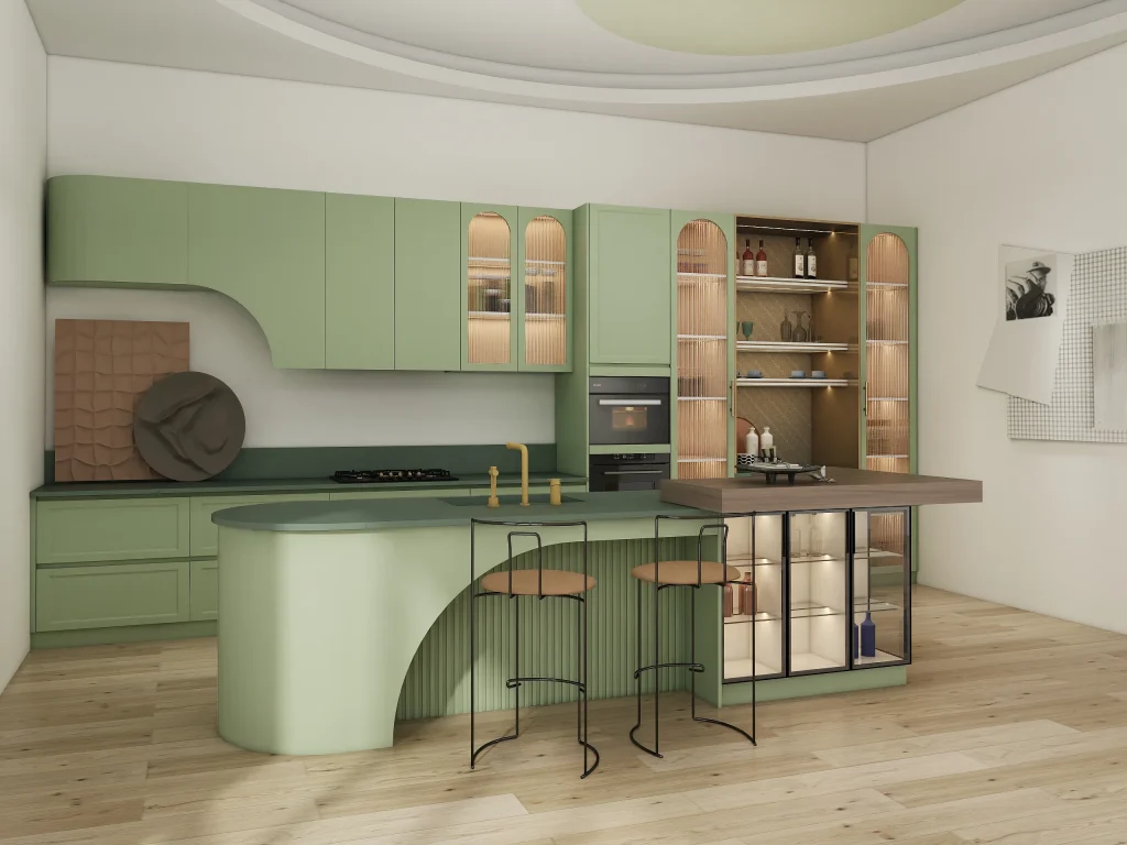 Curve Line Edge Green Kitchen Cabinets