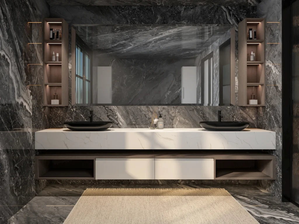 Double Sink Bathroom Vanities Wall Mounted Vanity with Marble Countertop Black Vessel Sinks Modern Luxury Bathroom Floating Storage Cabinets LED Wall Shelves