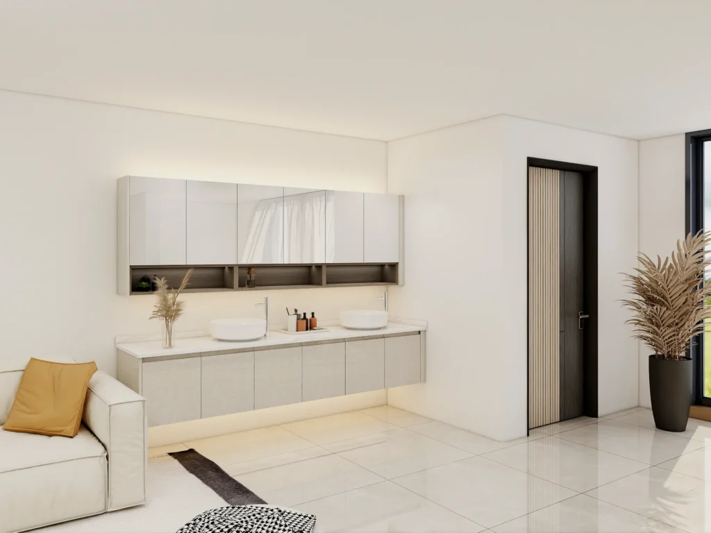 Floating Bathroom Vanity with Dual Sinks Elegant Cream Color with 3D Mirror Design LED Top Accents Spacious Storage Drawer Modern Luxury Style