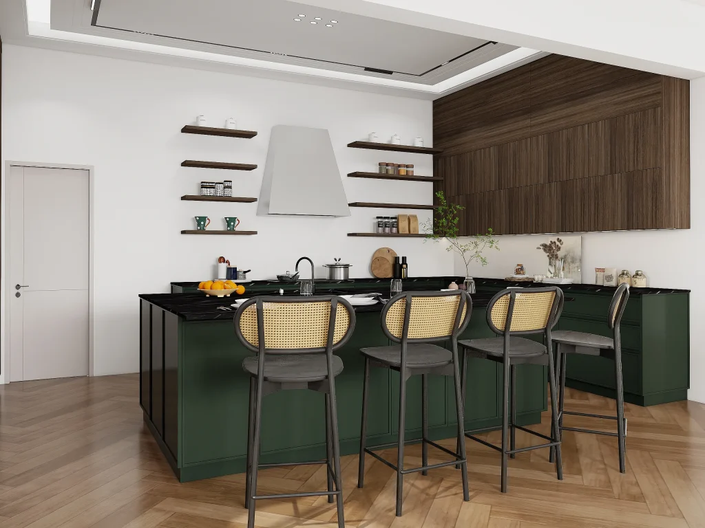 Forest Green Open Shelves Kitchen Cabinets with wood color