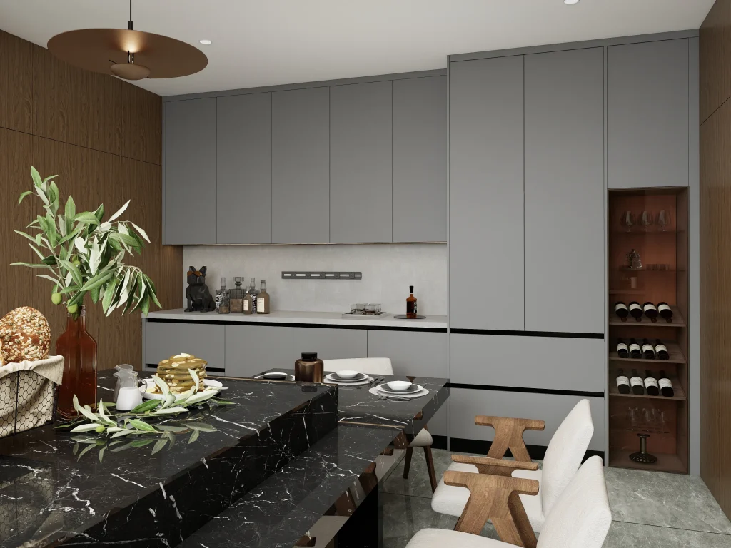 Gray Kitchen Cabients with wood wall panel