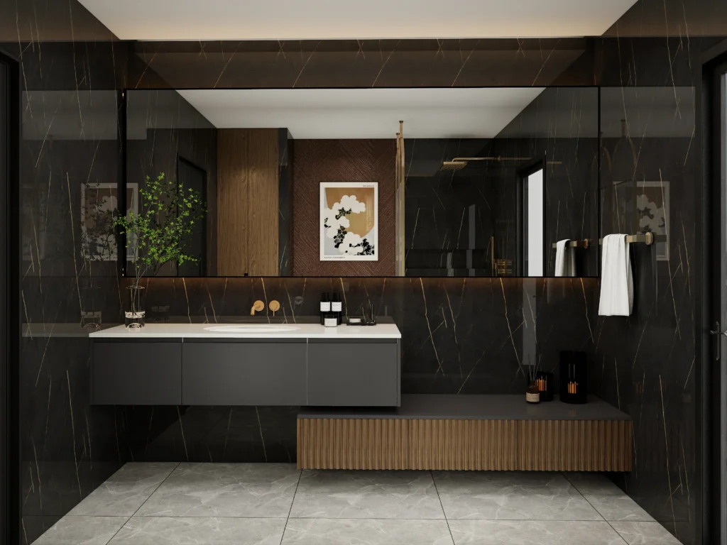 High and Low Combination Bathroom Vanities Wall Mounted Vanity with Dark Grey and Wooden Ribbed Design Modern Luxury Bathroom with Large Mirror and Gold Accents Spacious Storage Solution