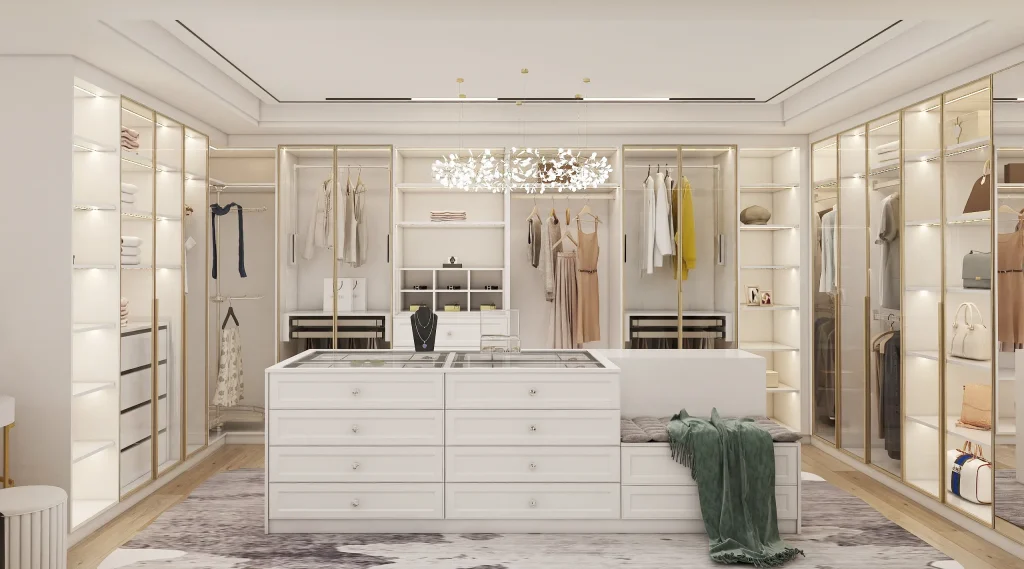 Luxurious white Walk In Closet bright lighting gold trim glass display cabinets central island jewelry storage plush seating area elegant designer storage space