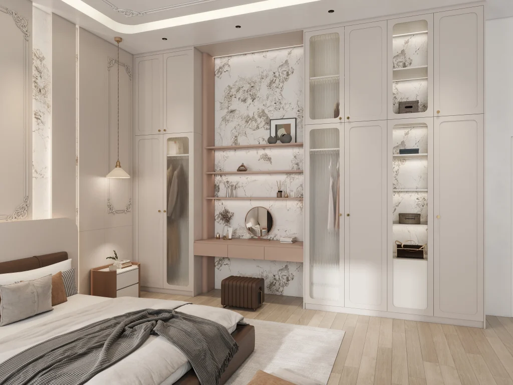 Luxury Tall bedroom decor cream white Hinge Wardrobe glass panel open display shelves dressing table soft pastel colors elegant design