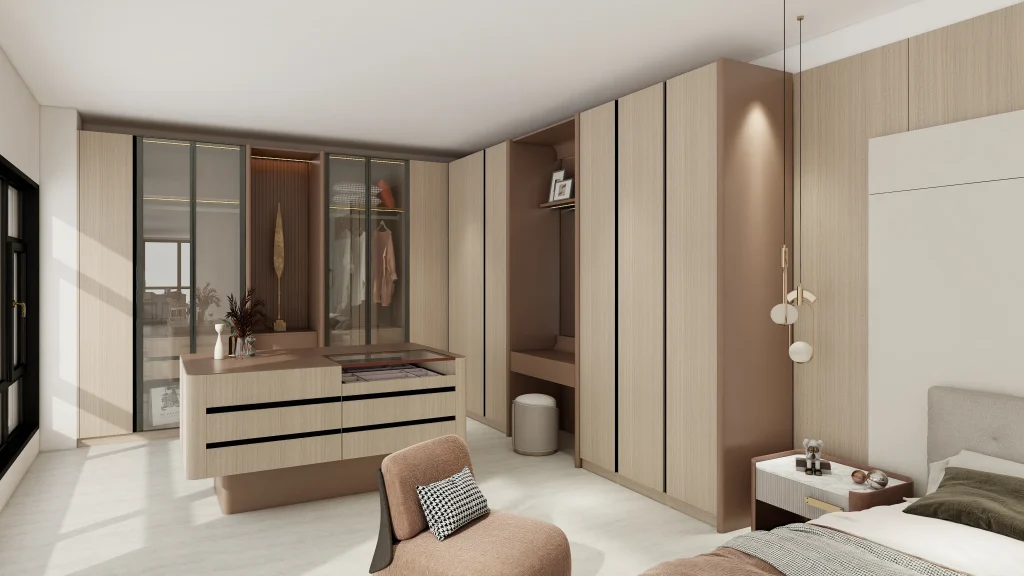 Luxury master bedroom cream white marble accent Hinge Wardrobe built in vanity area integrated shelving soft lighting elegant interior design