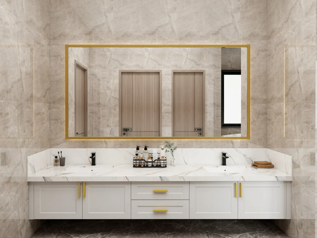 MDF Bathroom Vanities Double Sink White Shaker Vanity Gold Handles Marble Countertop Large Framed Mirror Modern Luxury Bathroom