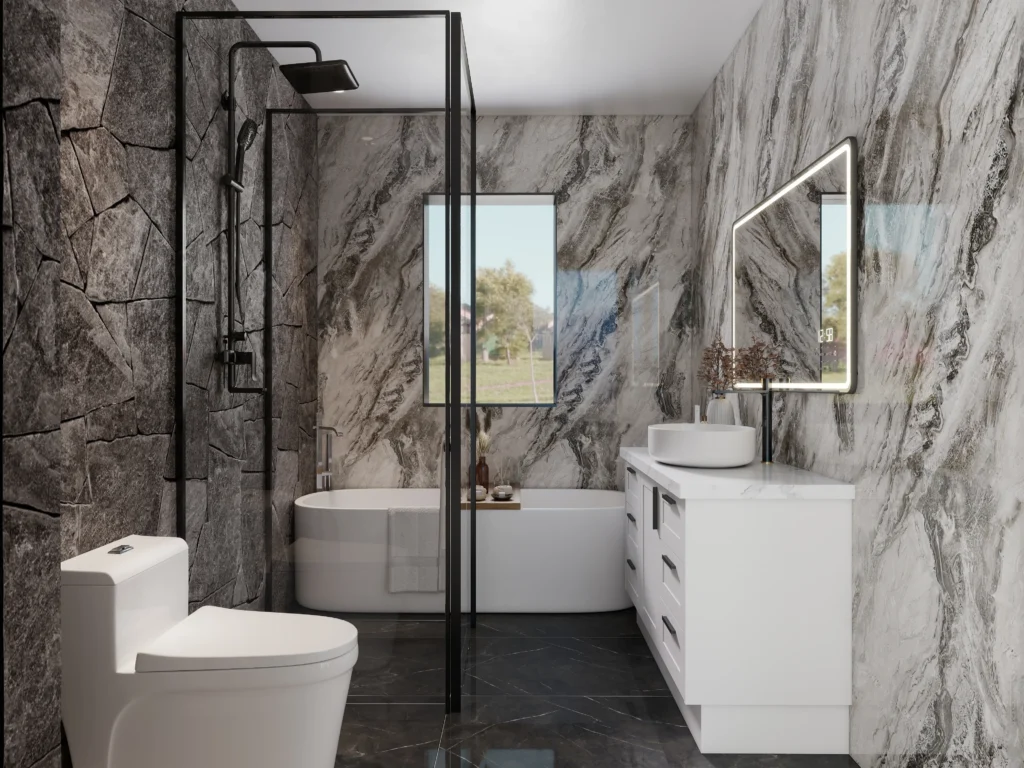 Modern Bathroom with High Quality Hardware Floating Vanity with Drawers White Sink Basin LED Mirror with Clock Large Bathtub Black and White Marble Wall Design Luxury Bathroom