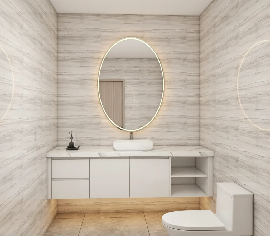 Plywood Bathroom Vanities Floating Wall Mounted White Vanity Single Sink Vessel Basin LED Backlit Oval Mirror Open Shelves Modern Minimalist Bathroom