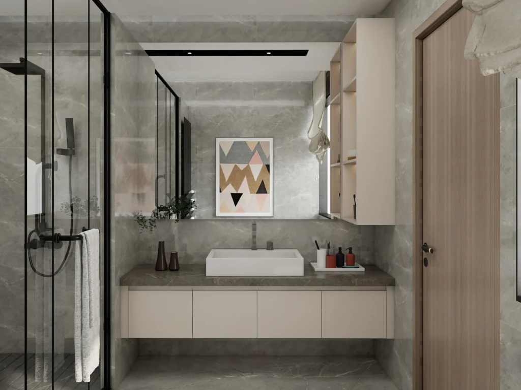 Single Sink Bathroom Vanities Wall Mounted Vanity with Beige Finish Stone Countertop Modern Minimalist Design Square Vessel Sink Open Storage Shelves Stylish Bathroom Decor