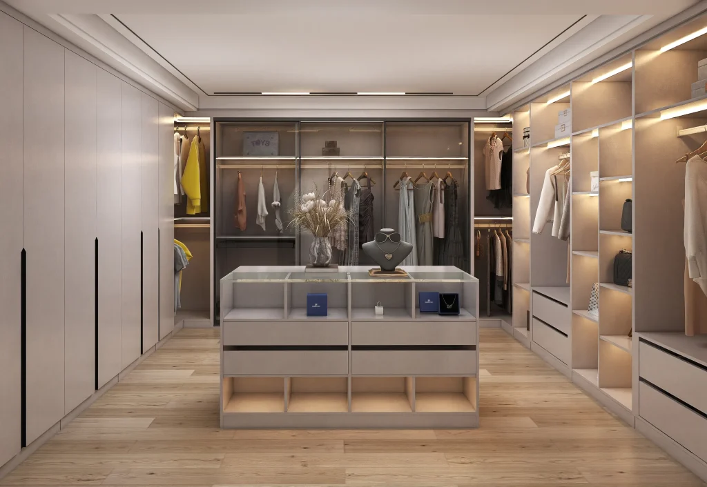 Spacious luxury Walk In Closet light wood floor built in shelving glass display central island illuminated storage elegant contemporary design