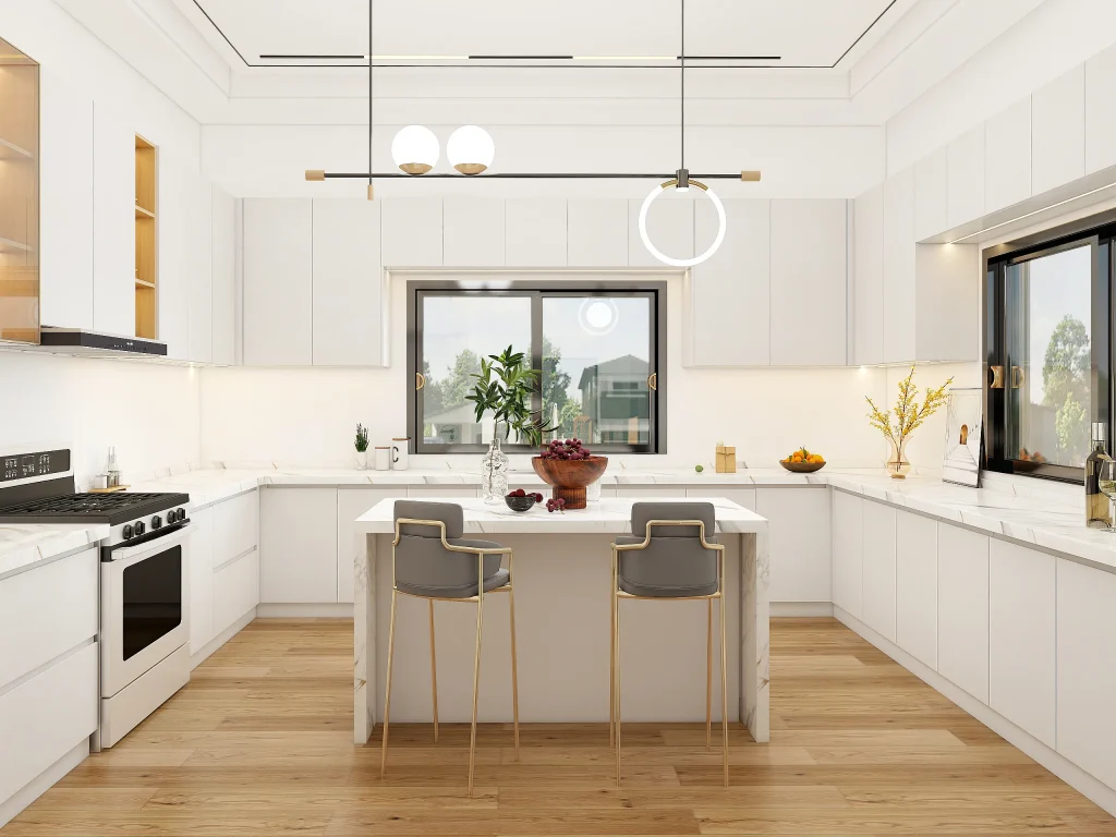 U Shape White Kitchen Cabinets in bright room