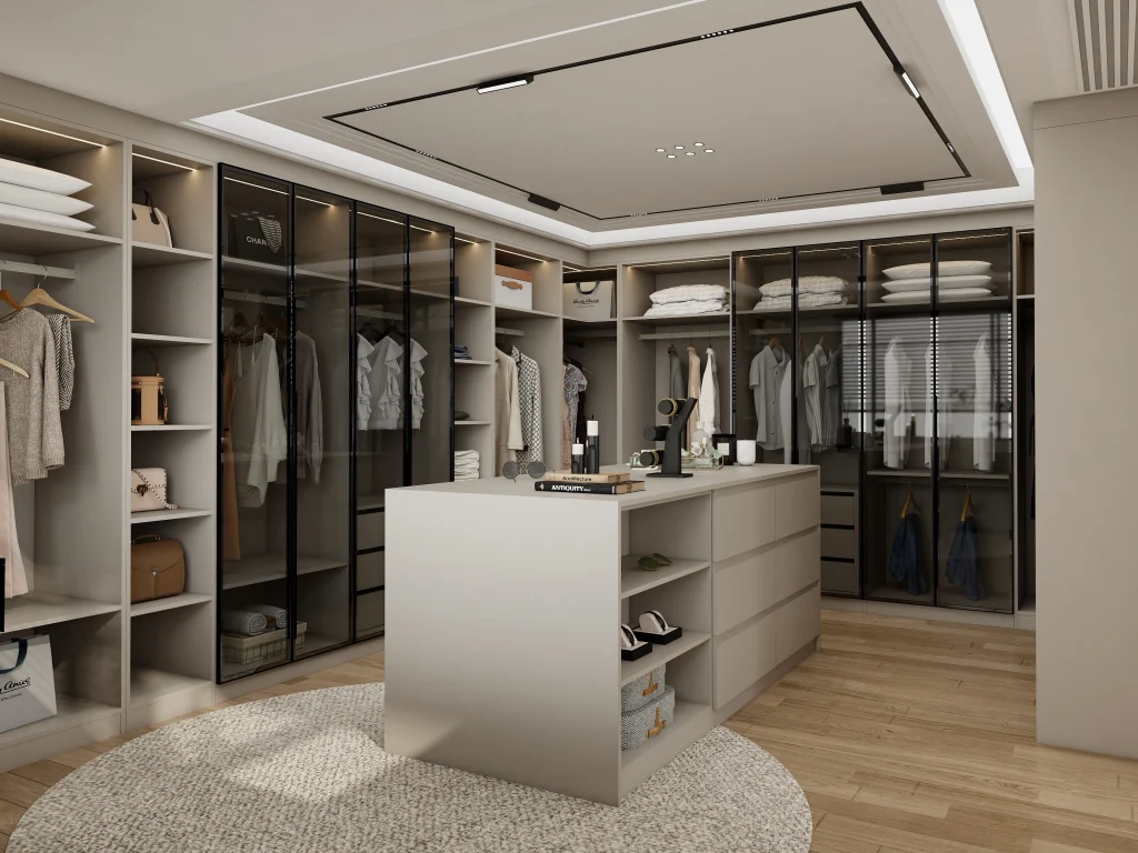 Upscale neutral toned Walk In Closet large central island black framed glass doors open shelving recessed ceiling lighting light wood floor plush circular rug designer apparel display 1