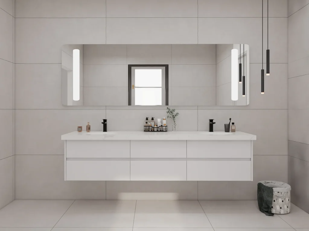 Wall Mounted Bathroom Vanities Floating Double Sink White Vanity With LED Mirror Modern Minimalist Bathroom Cabinet Handleless Drawers Contemporary Design