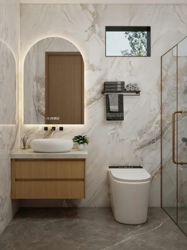 Wooden Bathroom Vanities Wall Mounted Oak Vanity One Sink Small Bathroom Vessel Basin Marble Wall LED Mirror Space Saving Modern Design