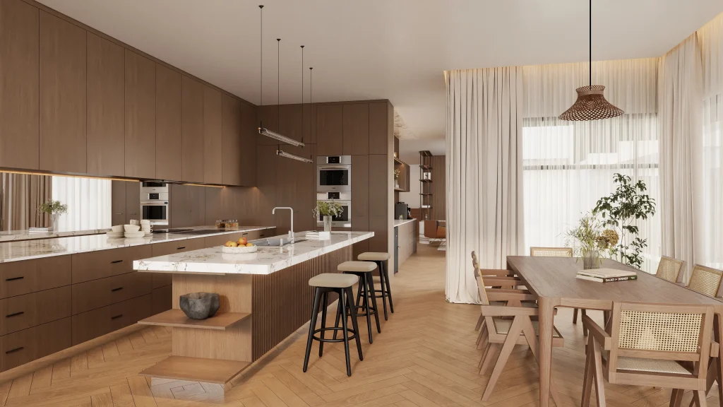 Wooden Flat Panel Kitchen Cabinets with island
