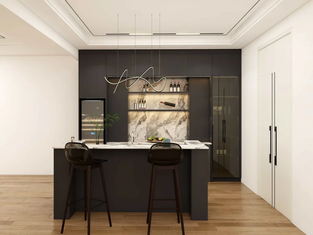 ll black kitchen cabinets with matching backsplash and lighting accents