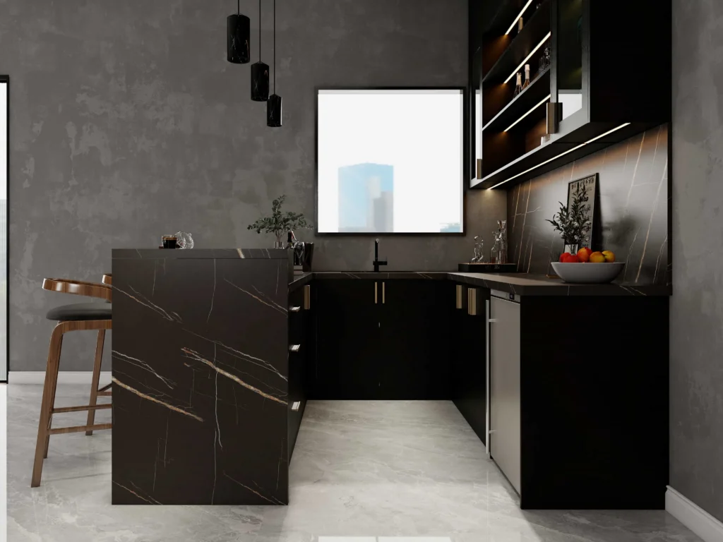 black kitchen cabinets with gold fixtures and pendant lighting