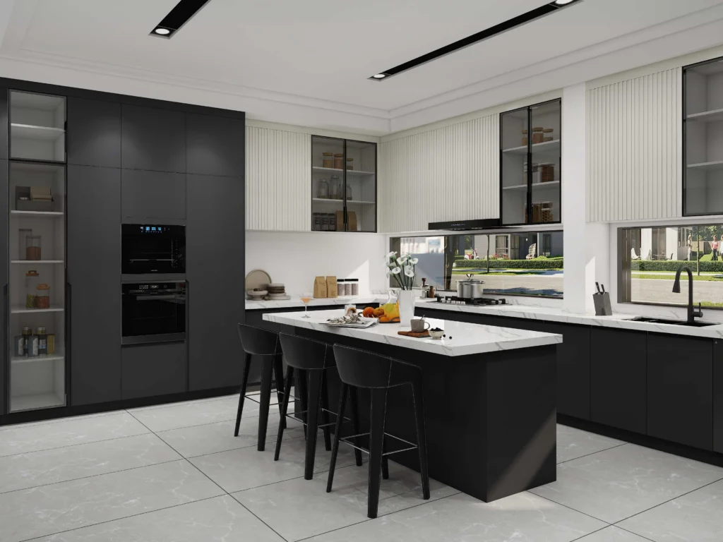 black and white kitchen cabinets with marble countertops and bright lighting