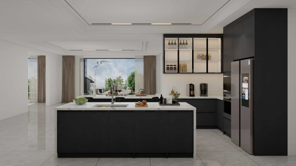 black kitchen cabinets with glass doors and illuminated interiors