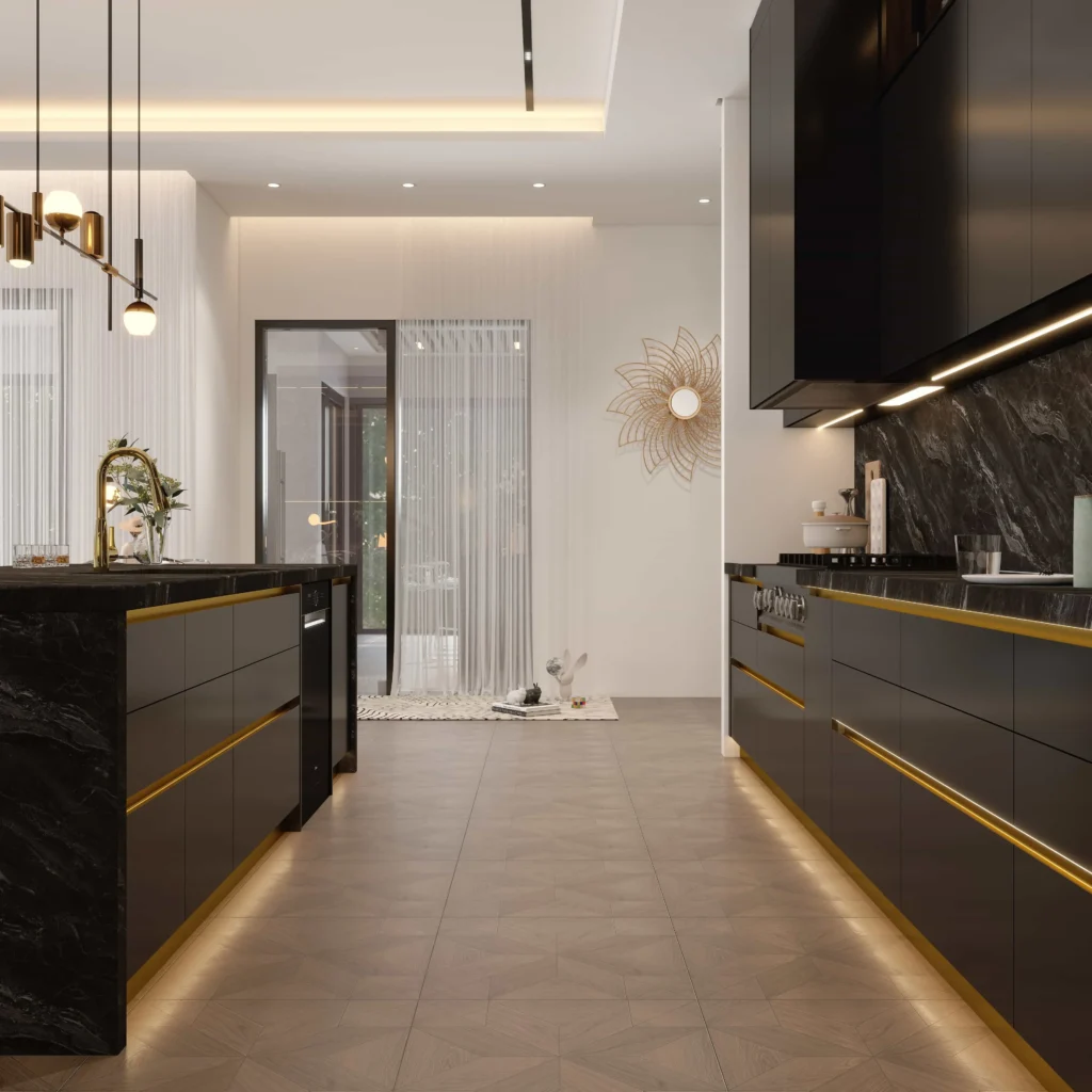 black kitchen cabinets with warm LED lighting under countertops