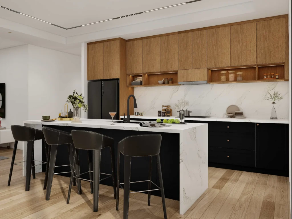 black kitchen cabinets with warm wood countertops and open shelving