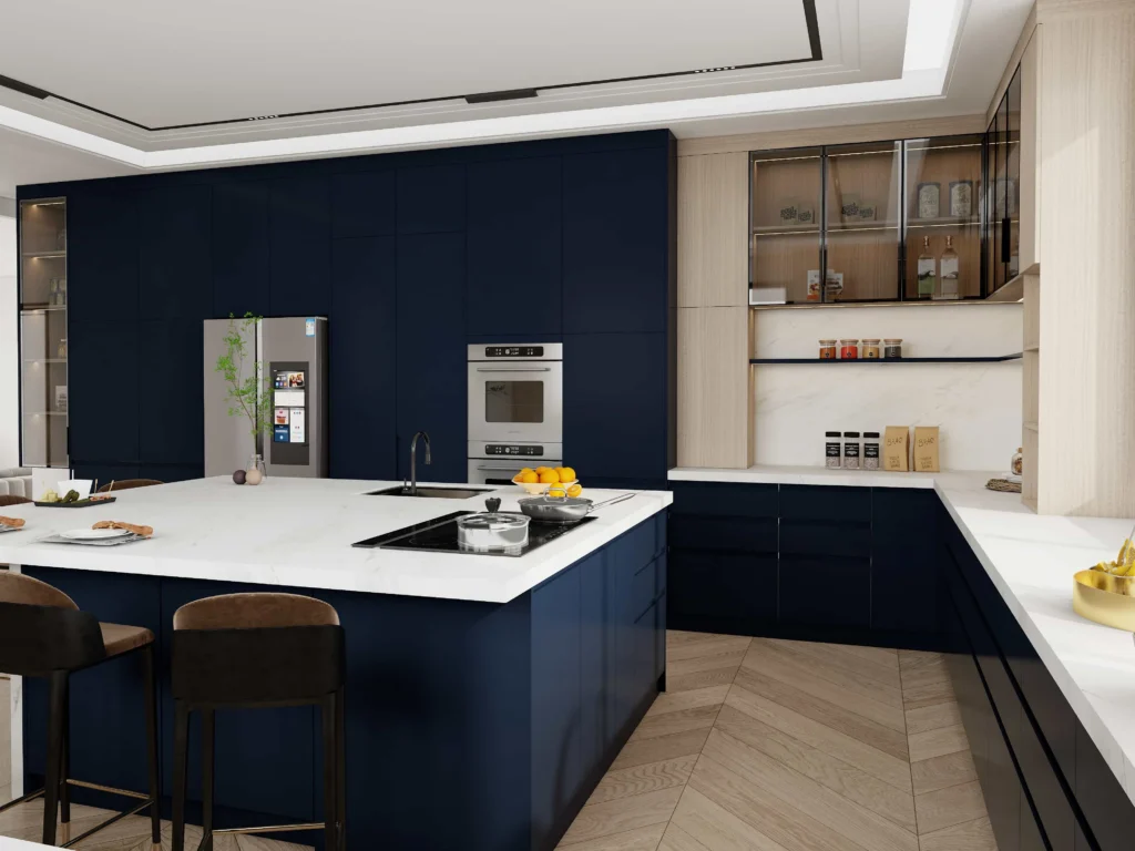 Blue grey kitchen cabinets with marble countertop and navy island in coastal modern style.