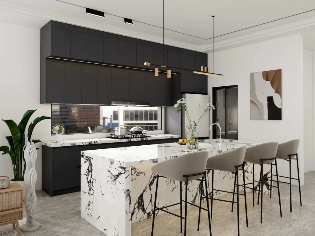 Charcoal grey kitchen cabinets with brass handles and marble countertop for elegant modern space.