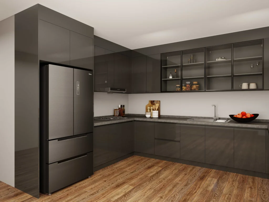 Glossy grey kitchen cabinets reflecting light in small apartment modern kitchen design.