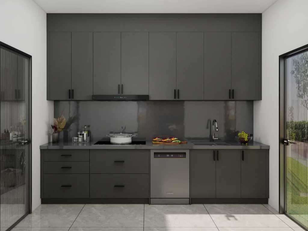 Grey kitchen cabinets with thin black handles and modern minimalist layout.