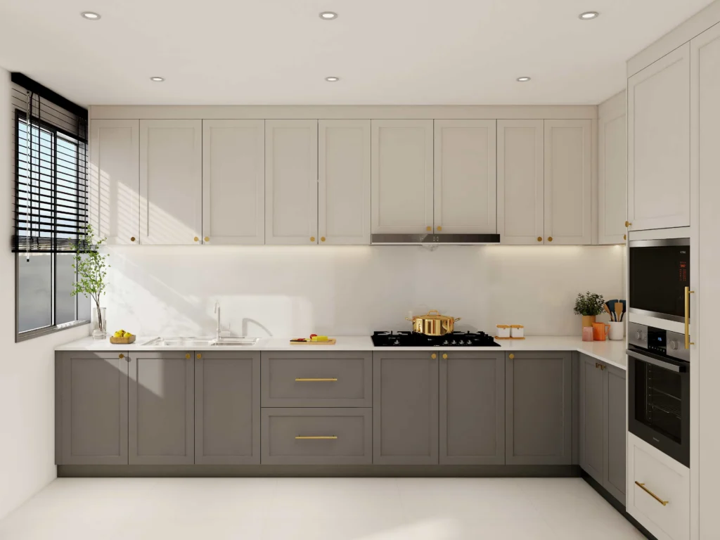 Grey kitchen cabinets with gold hardware and marble backsplash modern kitchen design.
