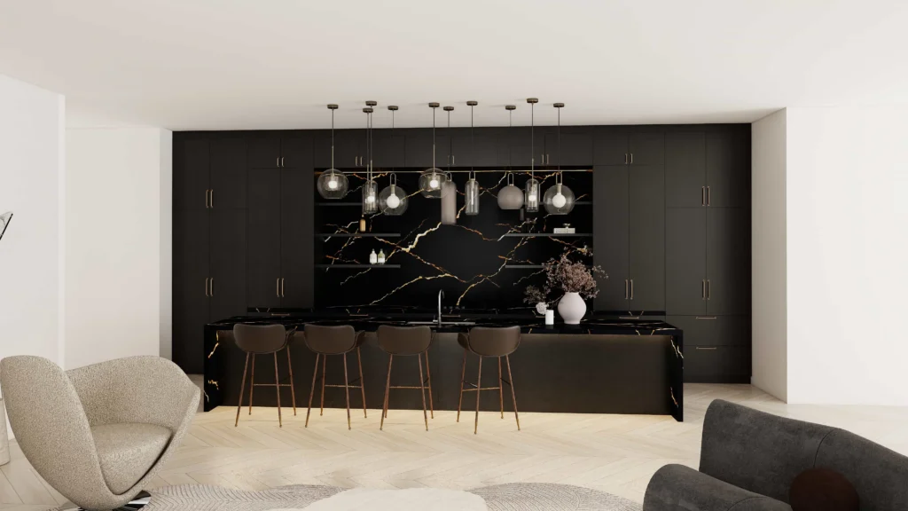 Grey and white kitchen cabinets with marble countertop modern interior design.