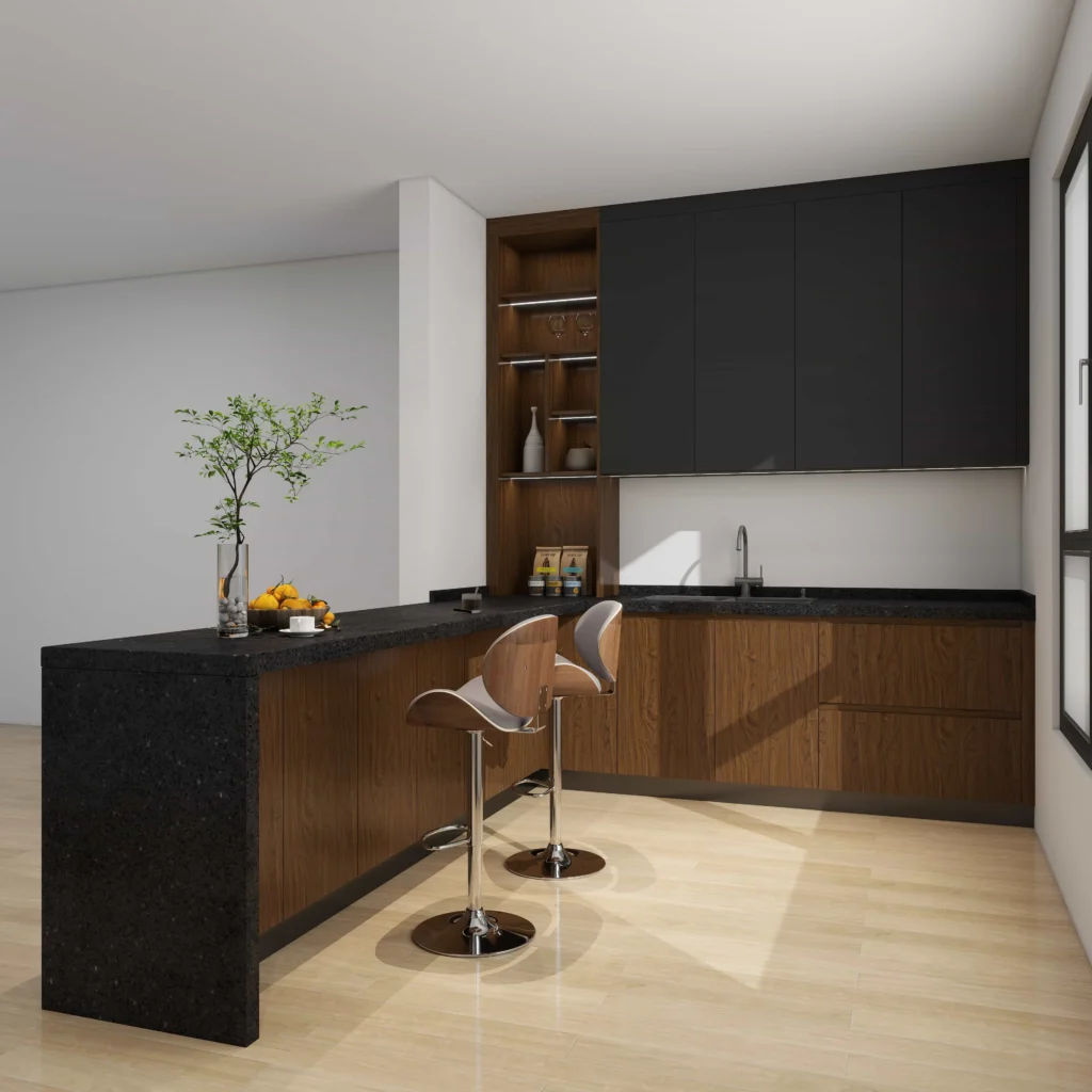 Grey kitchen cabinets with open wooden shelving minimalist modern kitchen.