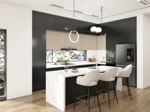 Grey kitchen cabinets with natural wood accents in Japandi minimalist design.