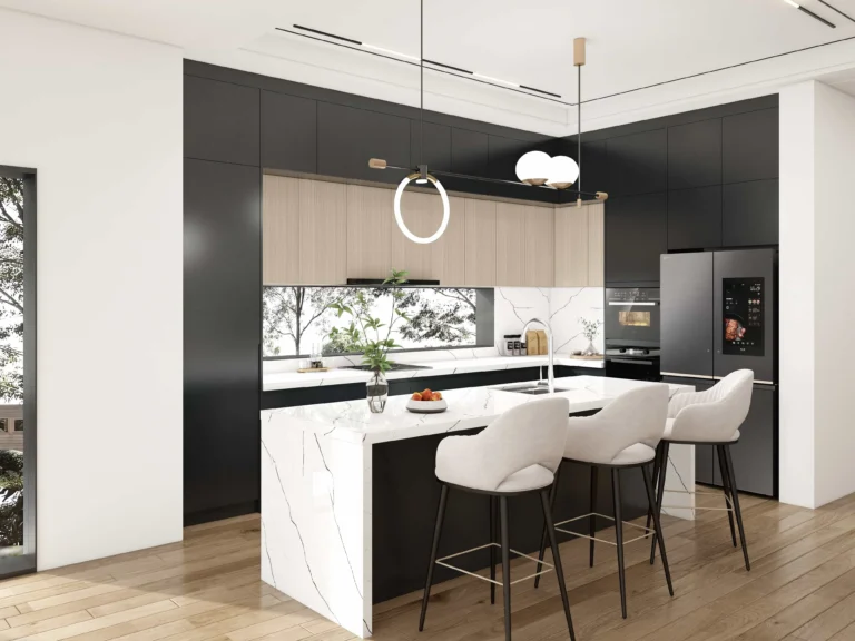 Grey kitchen cabinets with natural wood accents in Japandi minimalist design.