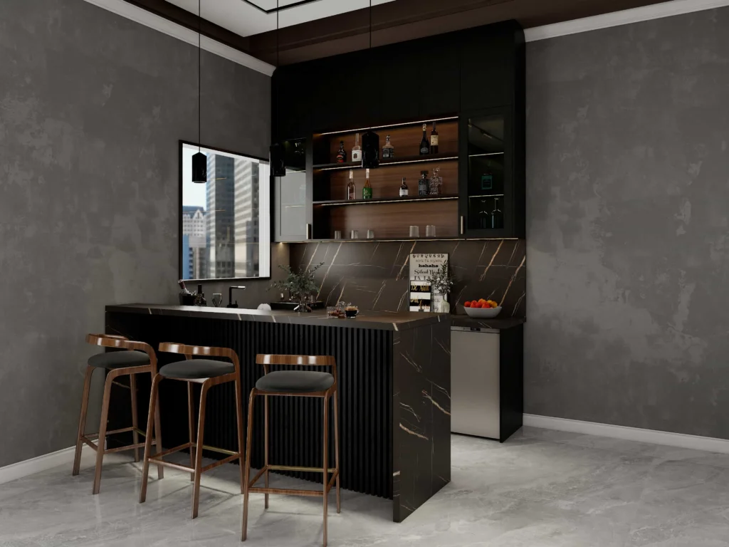 industrial black kitchen cabinets with exposed brick and metal lighting