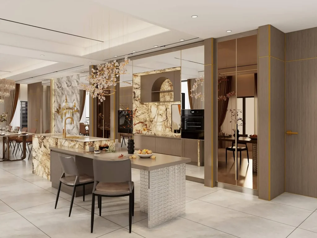 luxury modern kitchen with golden accent