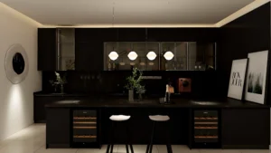 modern matte black kitchen cabinets with clean lines and minimalist open layout